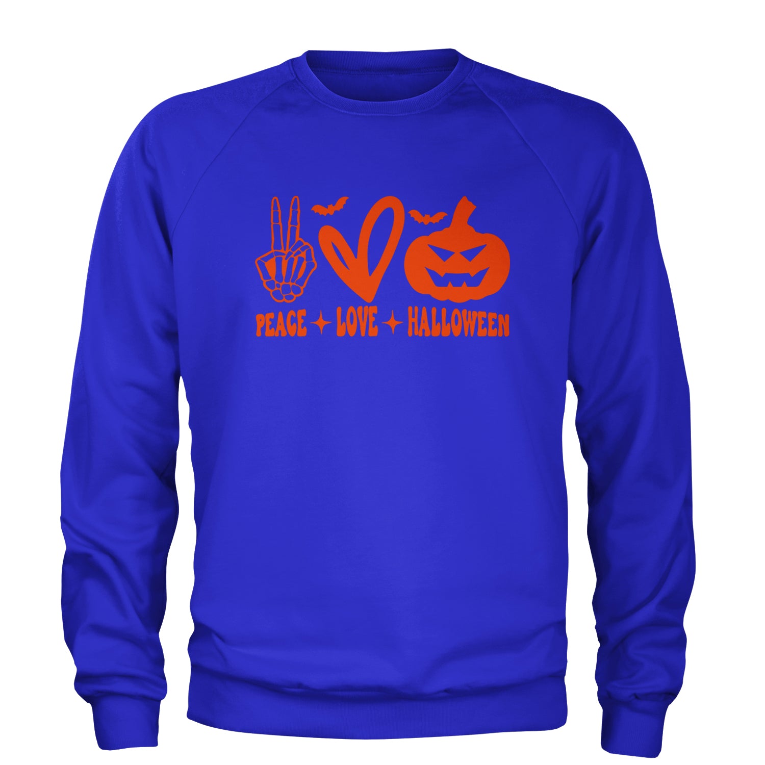 Peace, Love and Halloween Adult Crewneck Sweatshirt Royal Blue