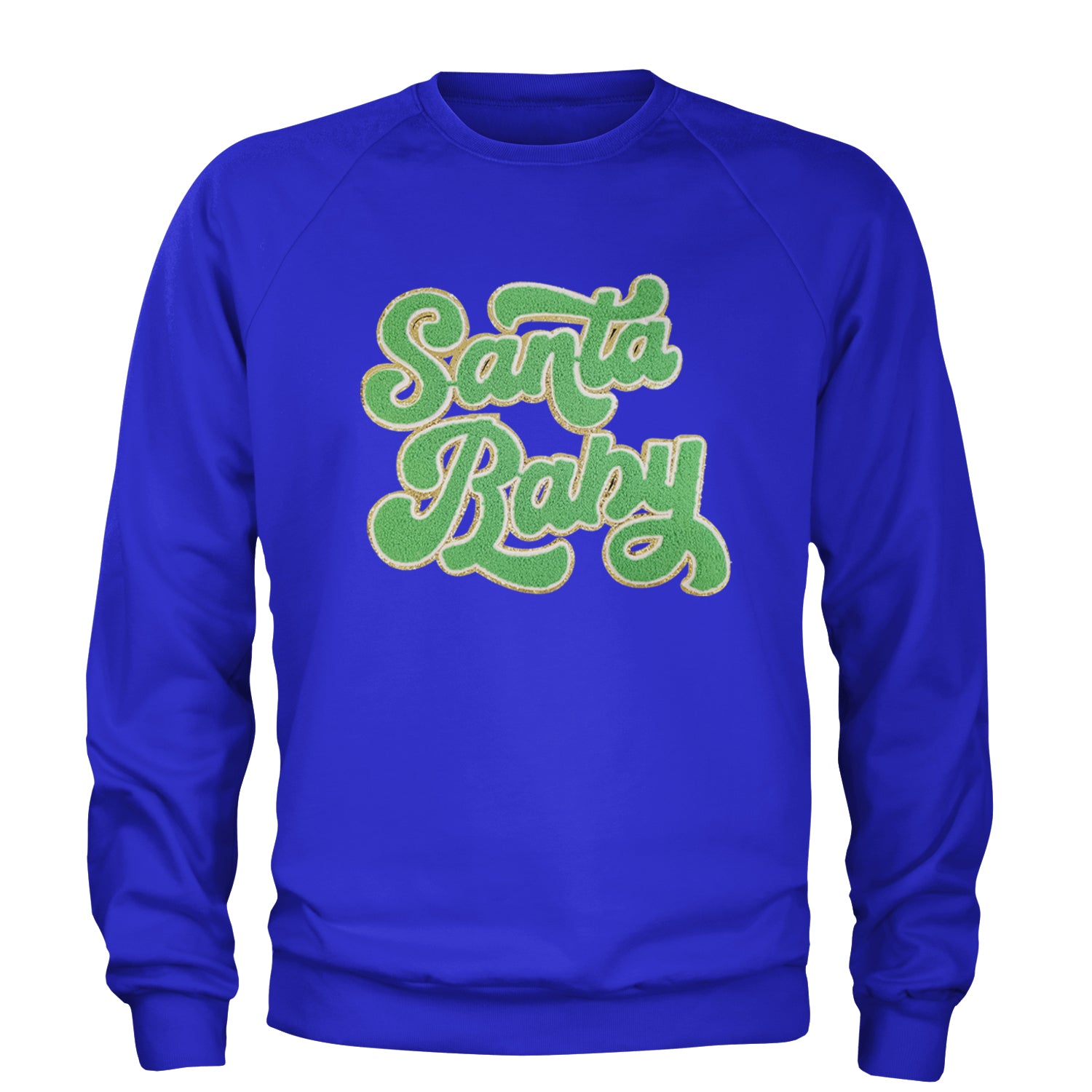 Green Santa Baby Chenille Patch Adult Crewneck Sweatshirt Royal Blue