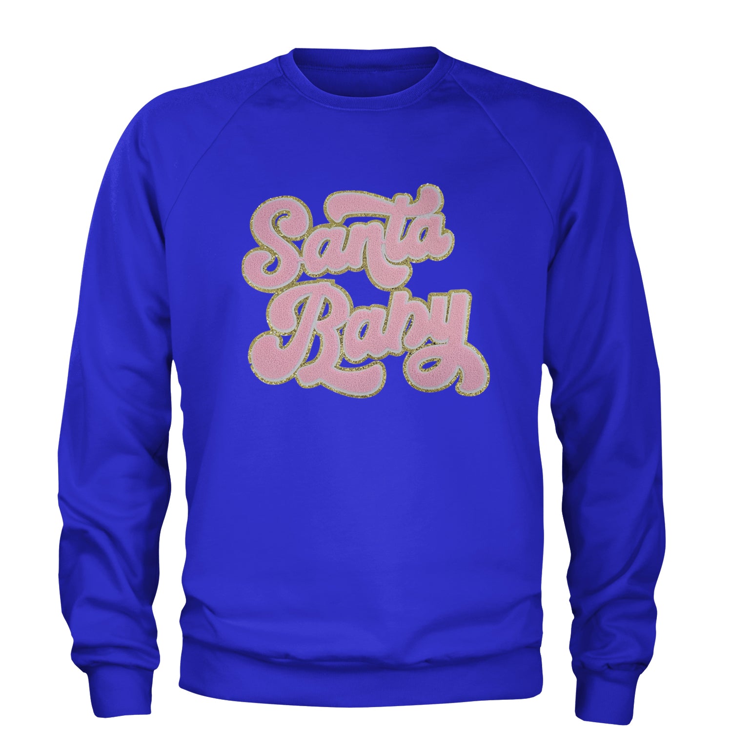 Pink Santa Baby Chenille Patch Adult Crewneck Sweatshirt Royal Blue