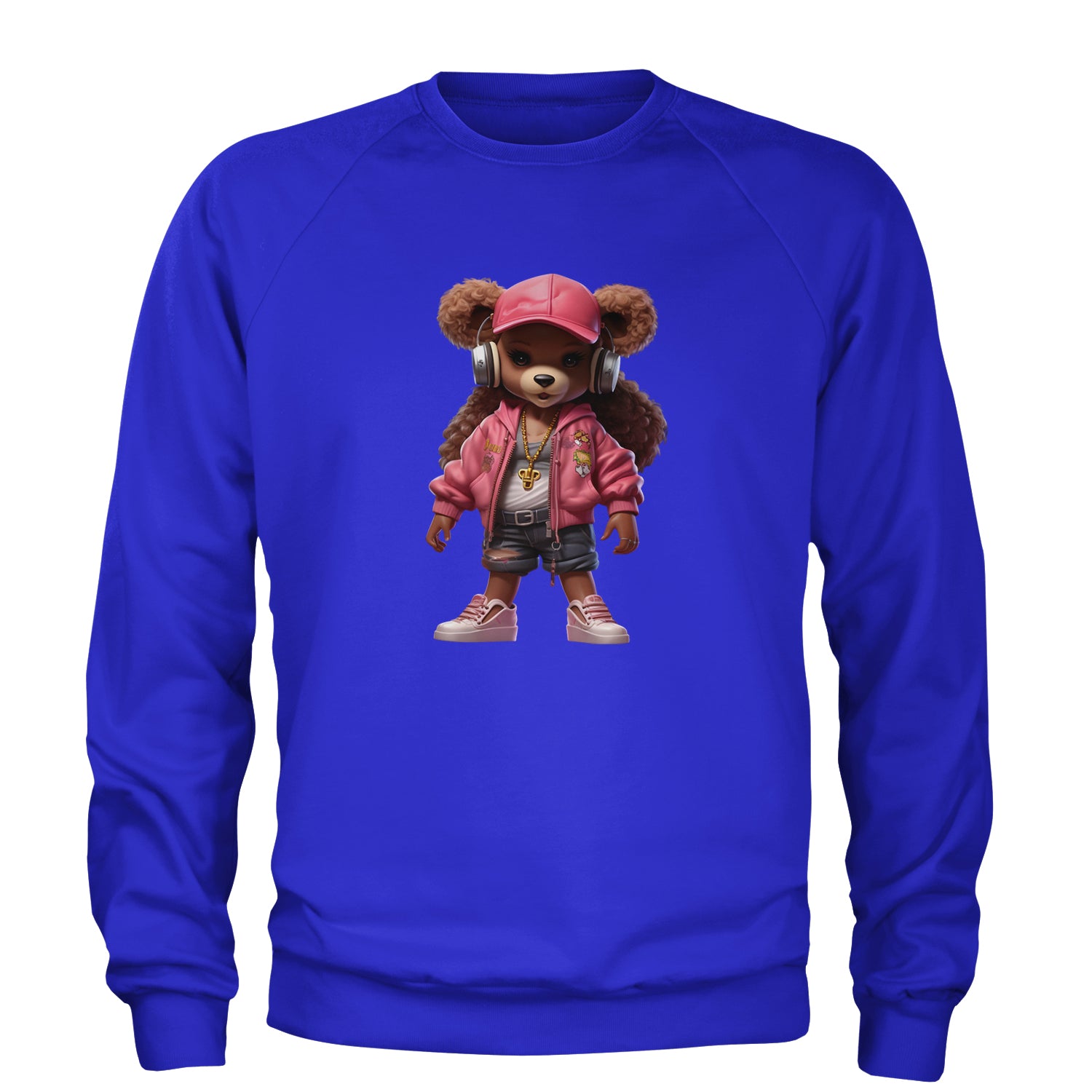 Pink Female Urban Graffiti Bear Adult Crewneck Sweatshirt Royal Blue