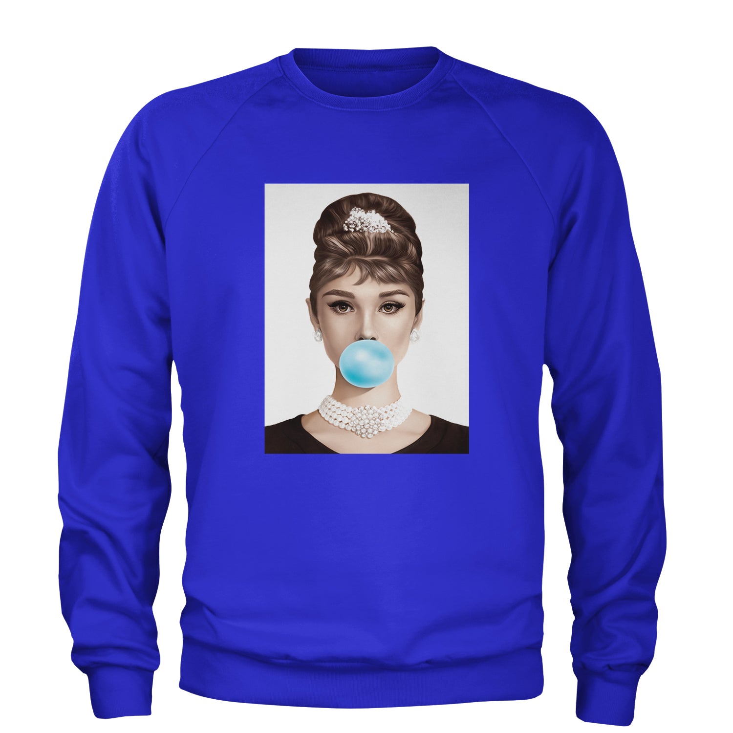 Audrey Hepburn Chewing Bubble Gum American Icon Adult Crewneck Sweatshirt Royal Blue