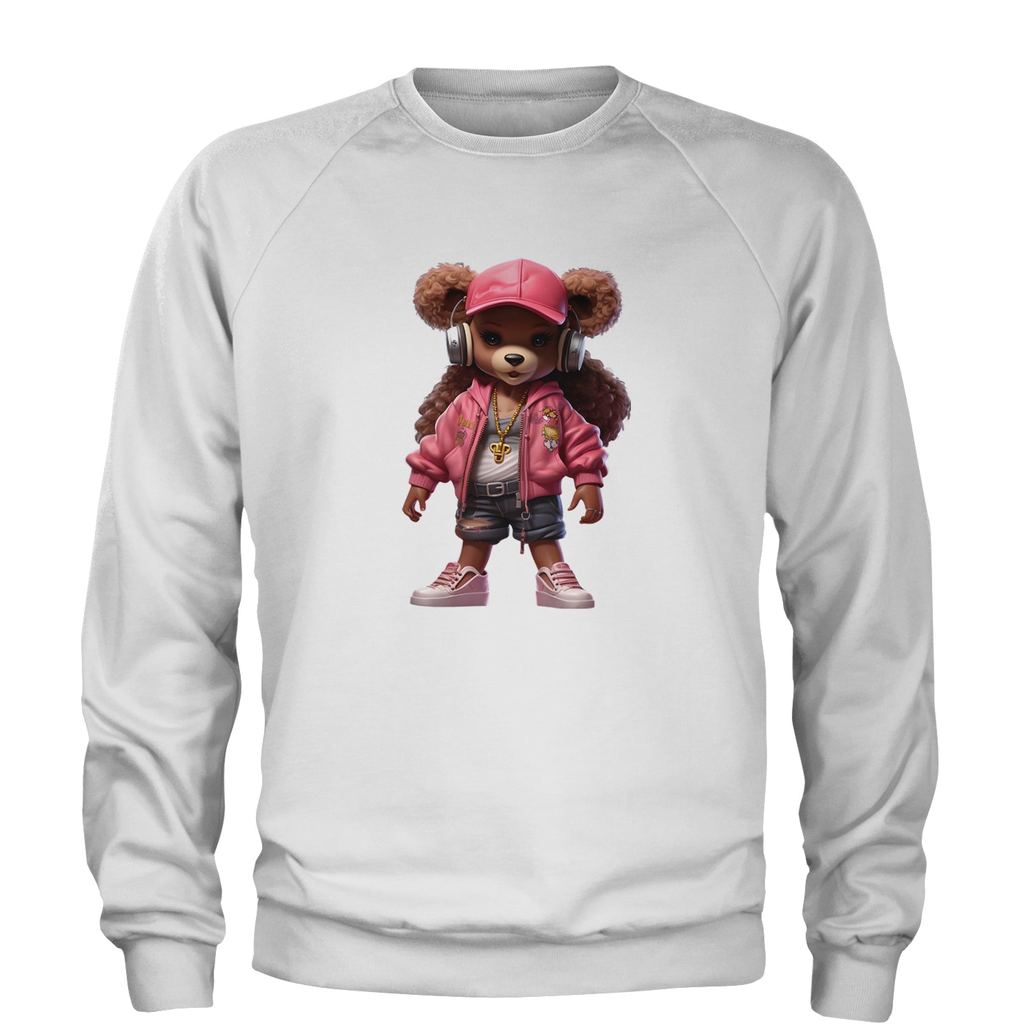 Pink Female Urban Graffiti Bear Adult Crewneck Sweatshirt White