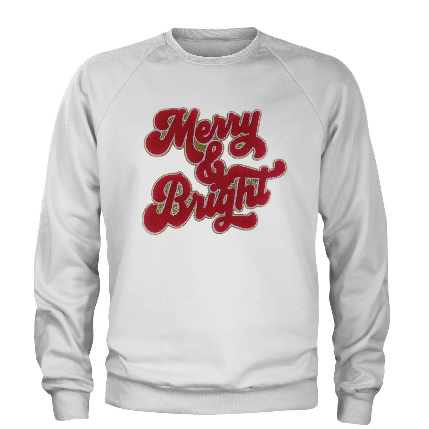 Merry & Bright Chenille Glitter Adult Crewneck Sweatshirt White