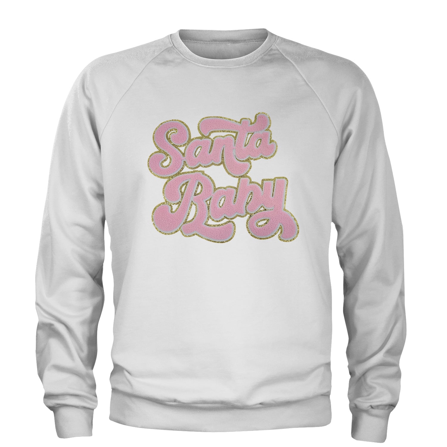 Pink Santa Baby Chenille Patch Adult Crewneck Sweatshirt White