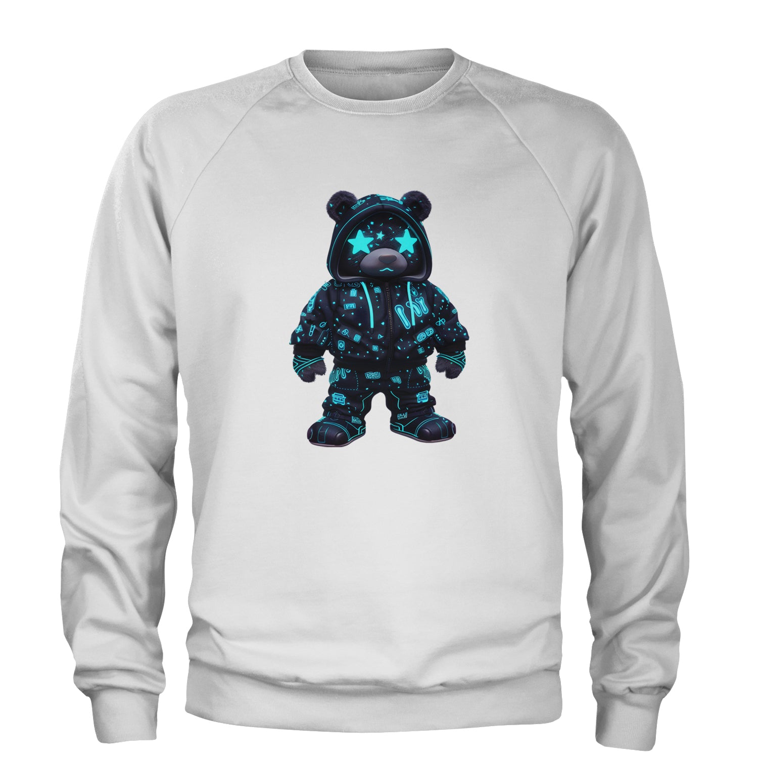 Starry Eyed Vaporwave Urban Graffiti Bear Adult Crewneck Sweatshirt White