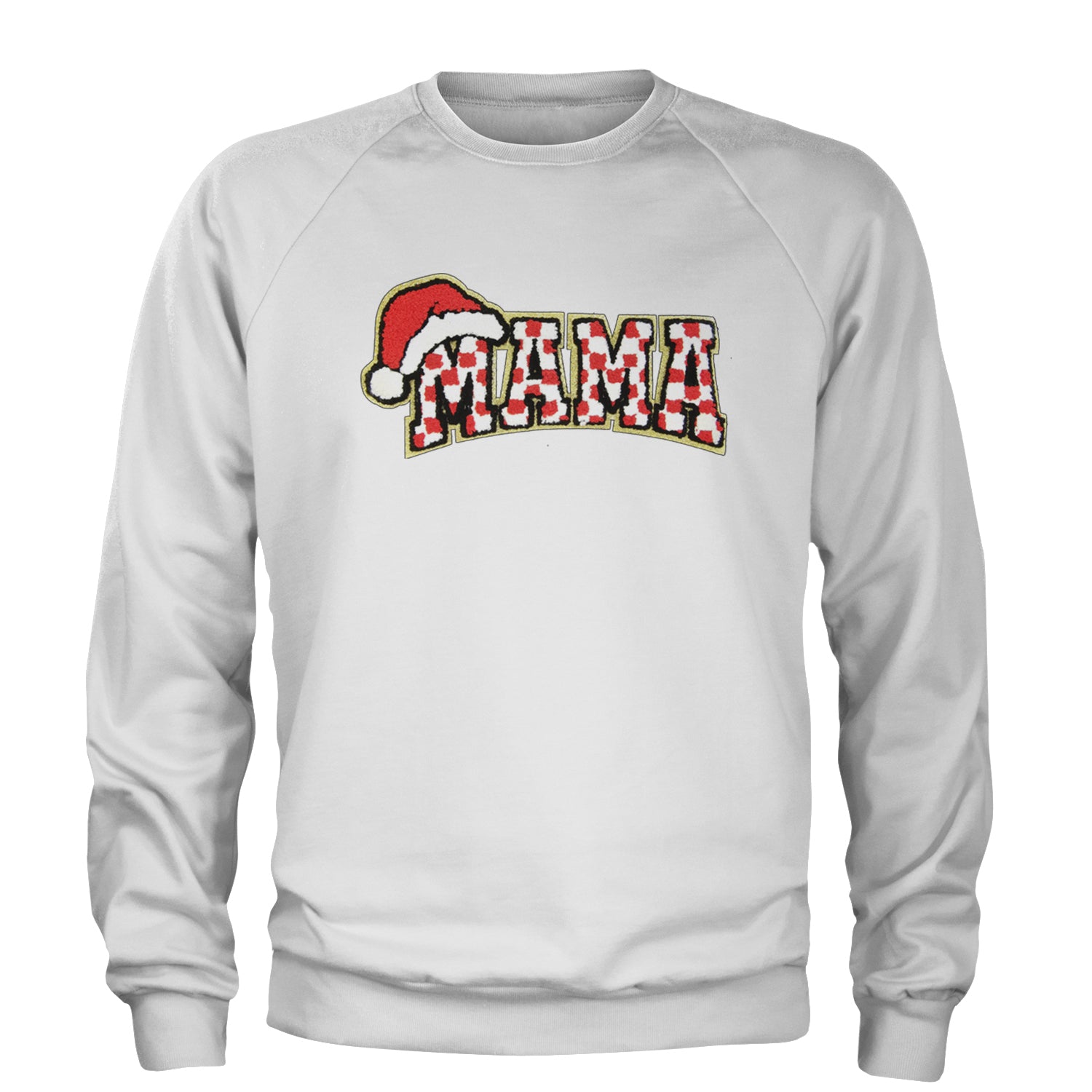 Mama Santa Hat Chenille Patch Adult Crewneck Sweatshirt White