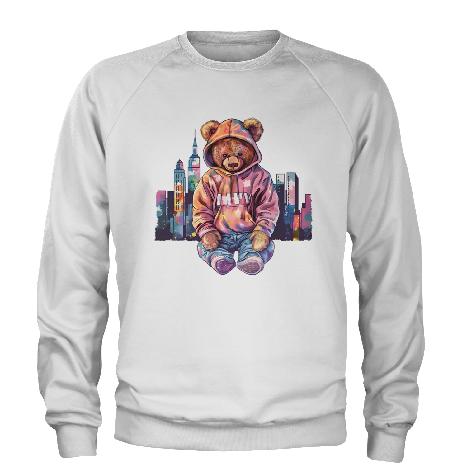 City Skyline Urban Graffiti Bear Adult Crewneck Sweatshirt White