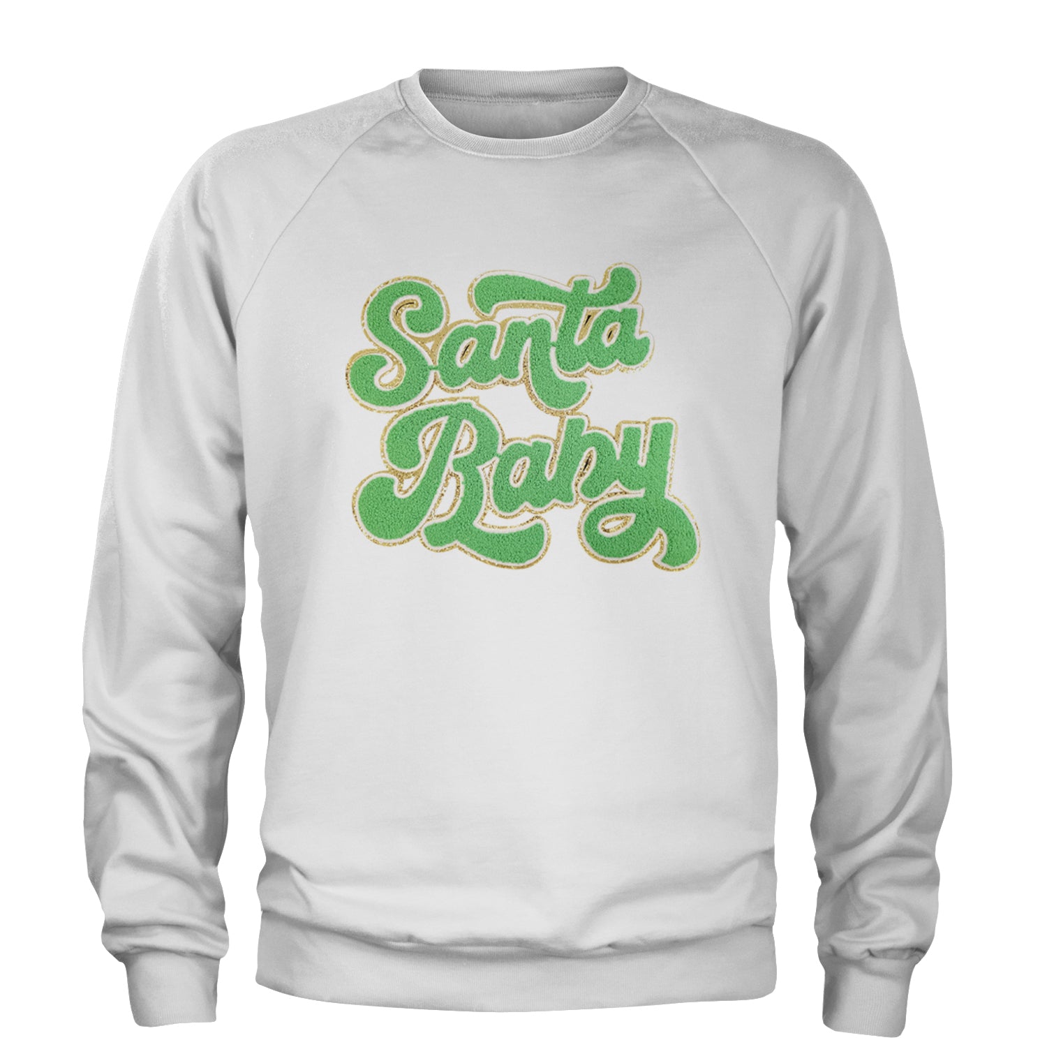 Green Santa Baby Chenille Patch Adult Crewneck Sweatshirt White