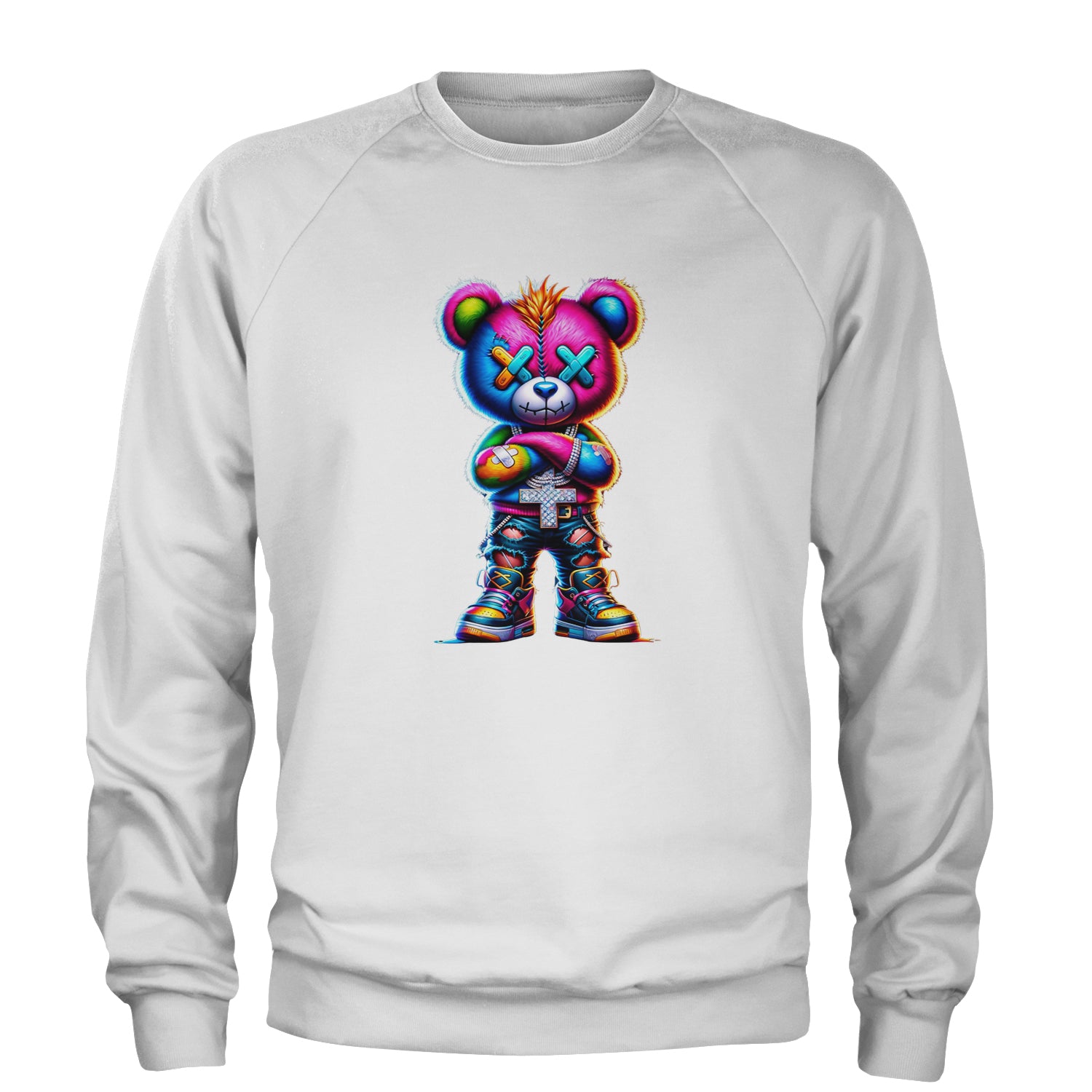 Stitched Neon Urban Graffiti Bear Adult Crewneck Sweatshirt White