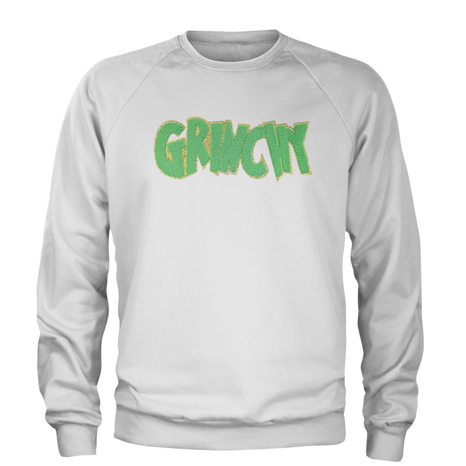 Green Gr-nchy Chenille Patch Adult Crewneck Sweatshirt White