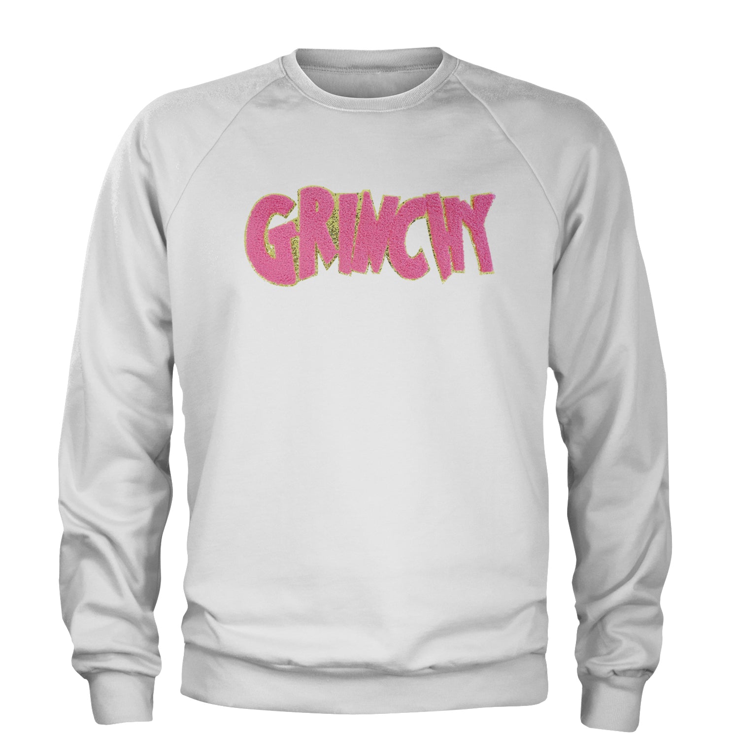 Pink Gr-nchy Chenille Patch Adult Crewneck Sweatshirt White