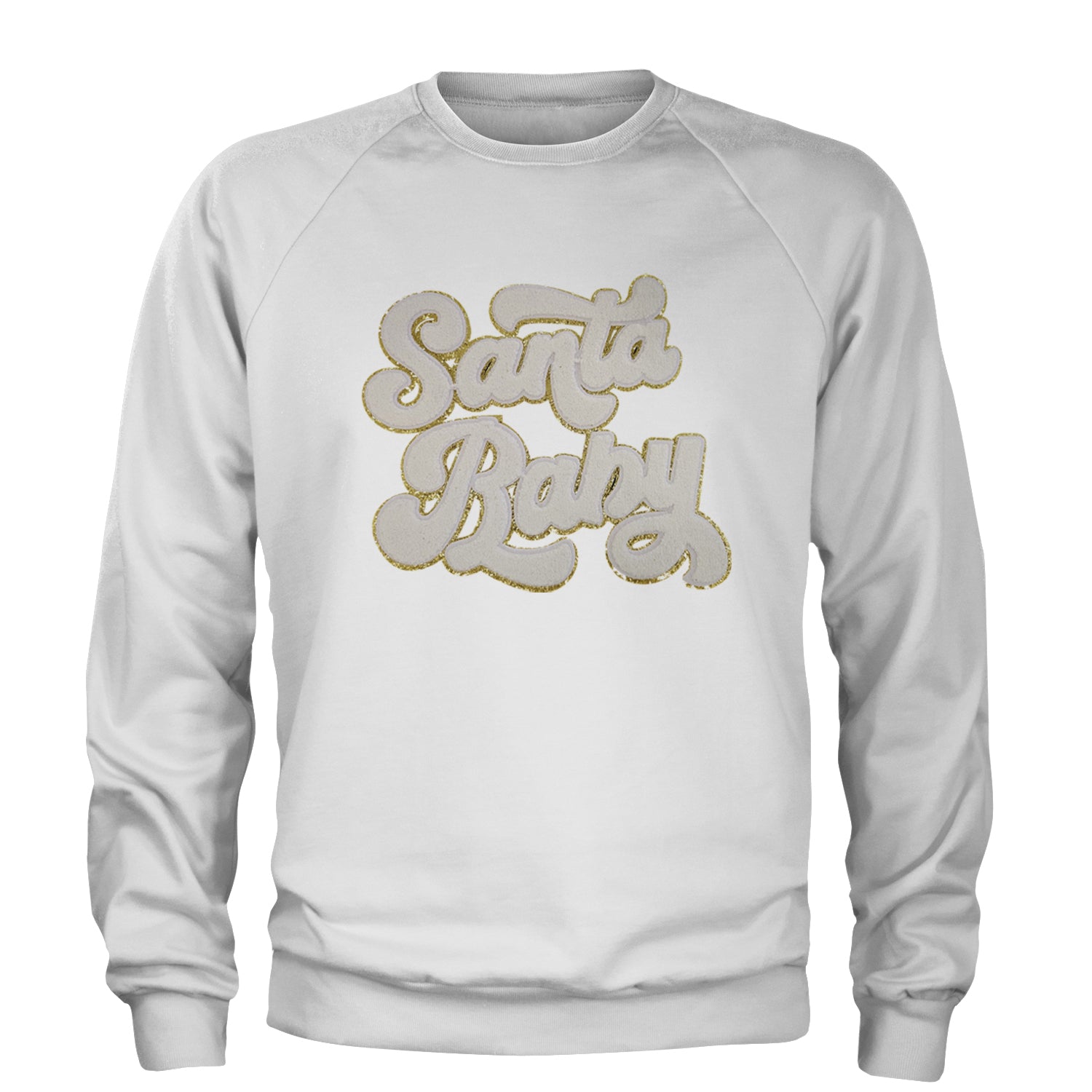 White Santa Baby Chenille Patch Adult Crewneck Sweatshirt White