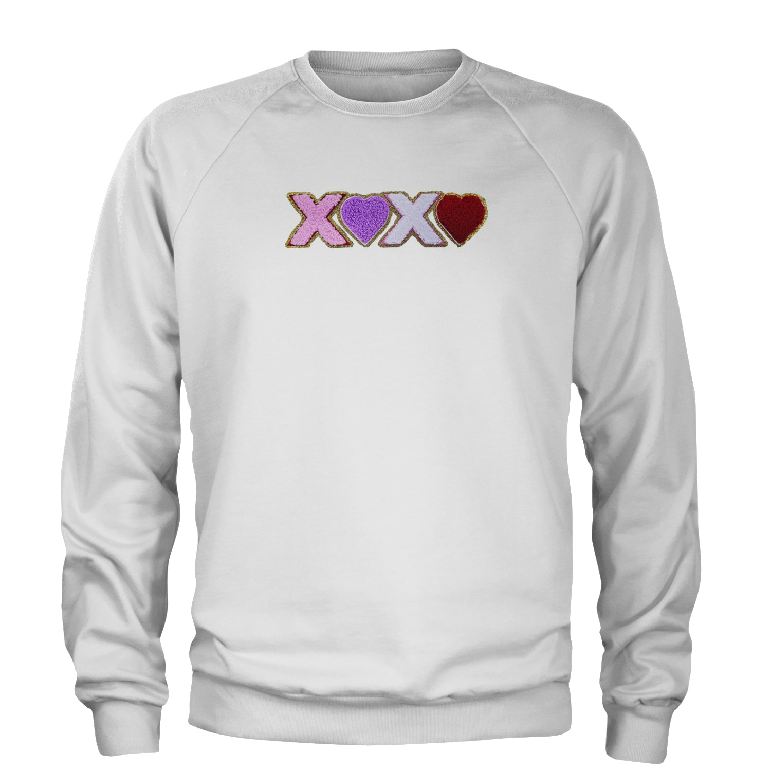 XOXO Chenille Patch Valentines Days Adult Crewneck Sweatshirt White