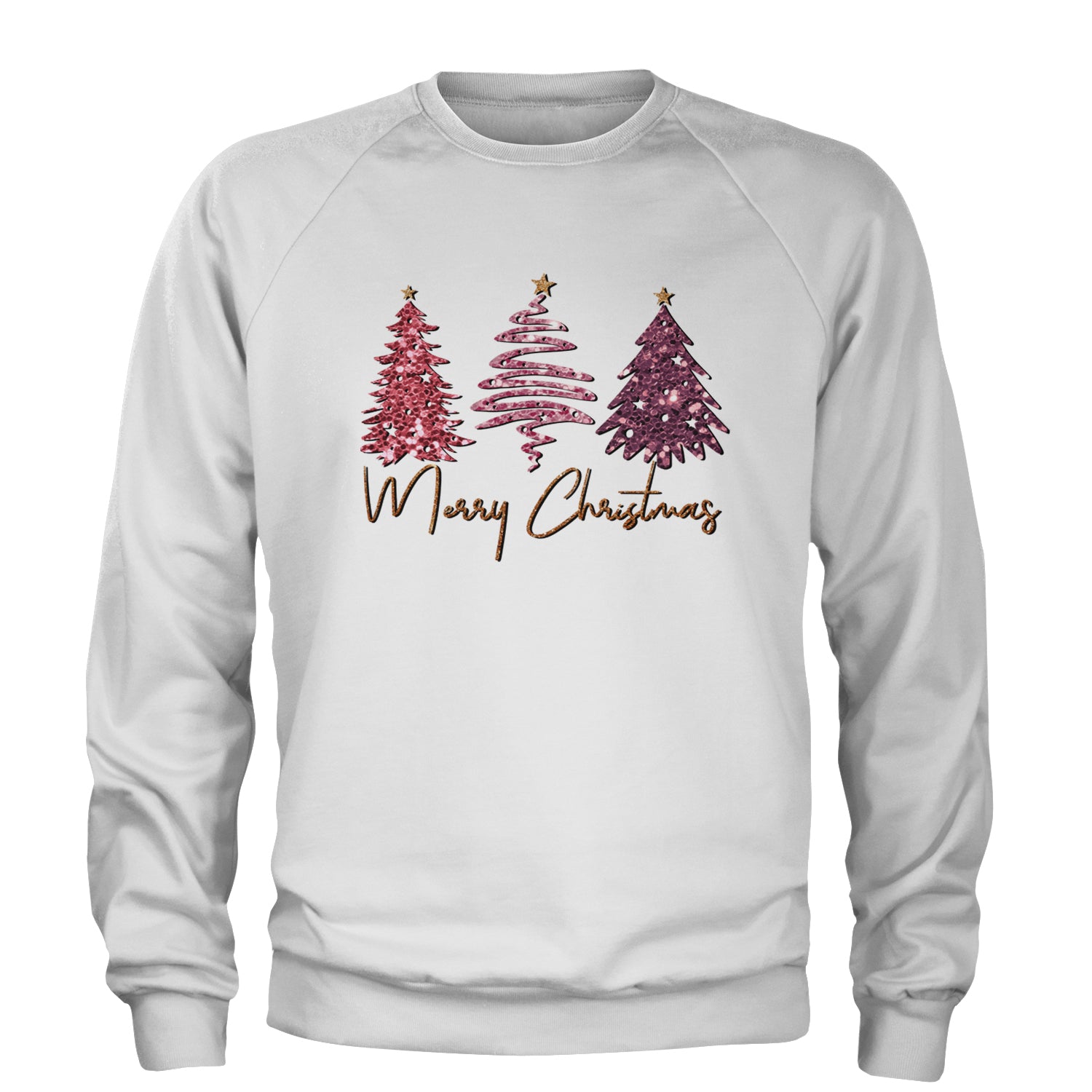 Merry Christmas Faux Glitter Trees Adult Crewneck Sweatshirt White