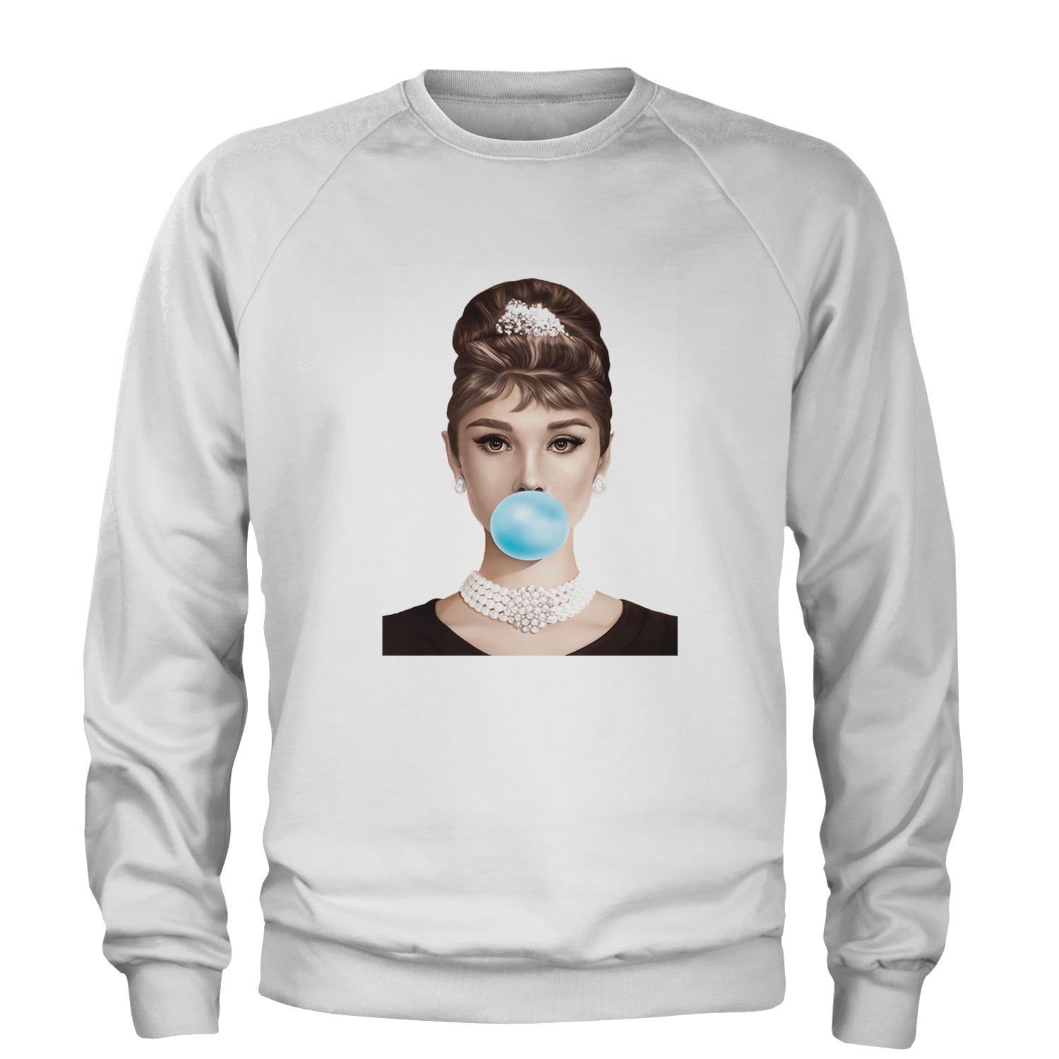 Audrey Hepburn Chewing Bubble Gum American Icon Adult Crewneck Sweatshirt White