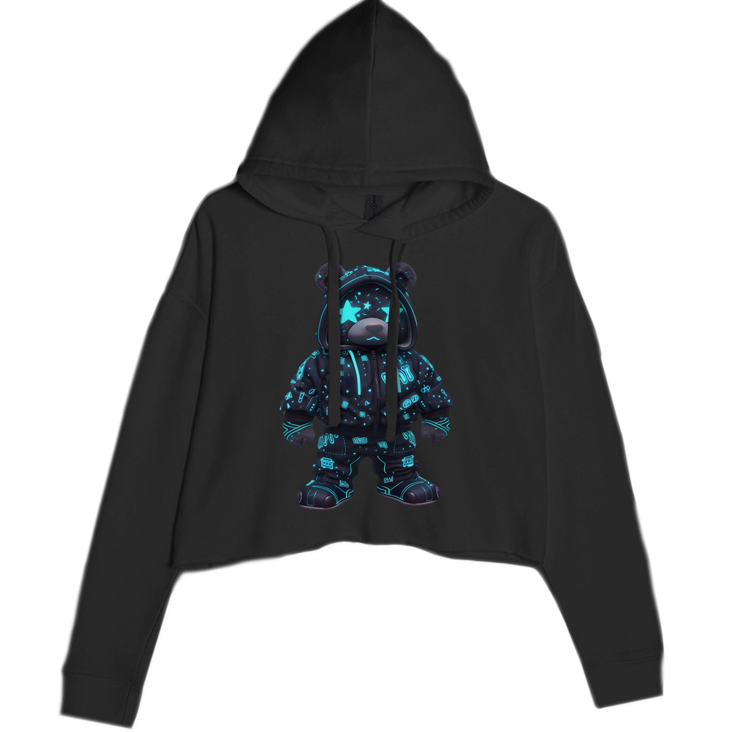 Starry Eyed Vaporwave Urban Graffiti Bear Cropped Hoodie Sweatshirt Black