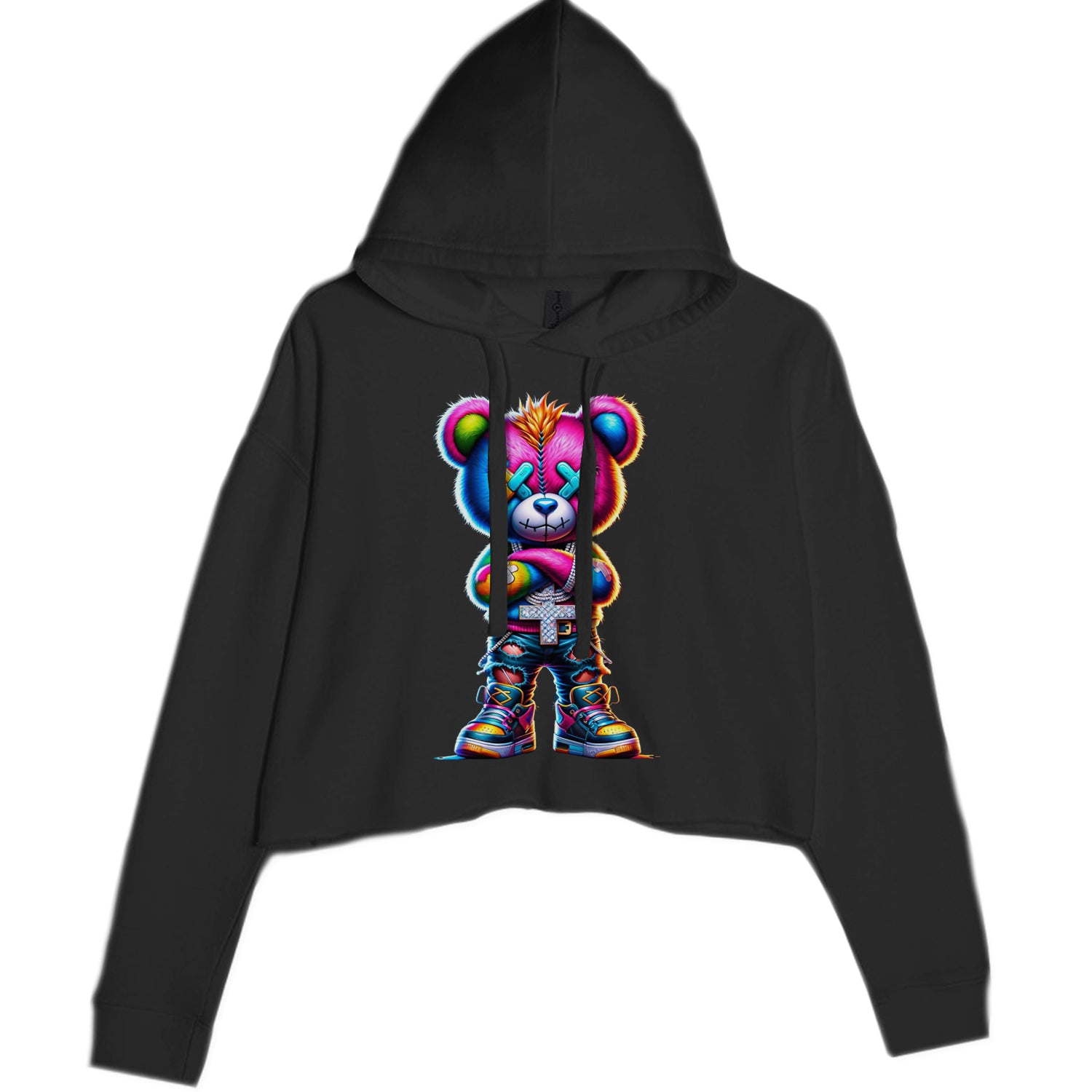 Stitched Neon Urban Graffiti Bear Cropped Hoodie Sweatshirt Black