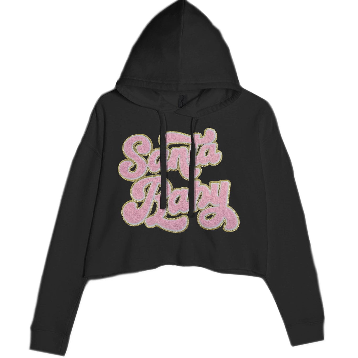 Pink Santa Baby Chenille Patch Cropped Hoodie Sweatshirt Black