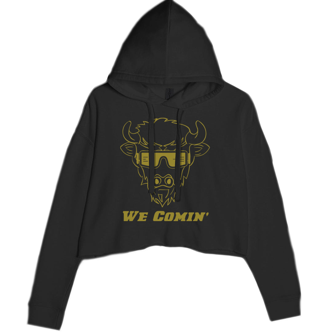 Women's cropped fleece hoodie with sunglasses-wearing buffalo graphic and "WE COMIN'" text