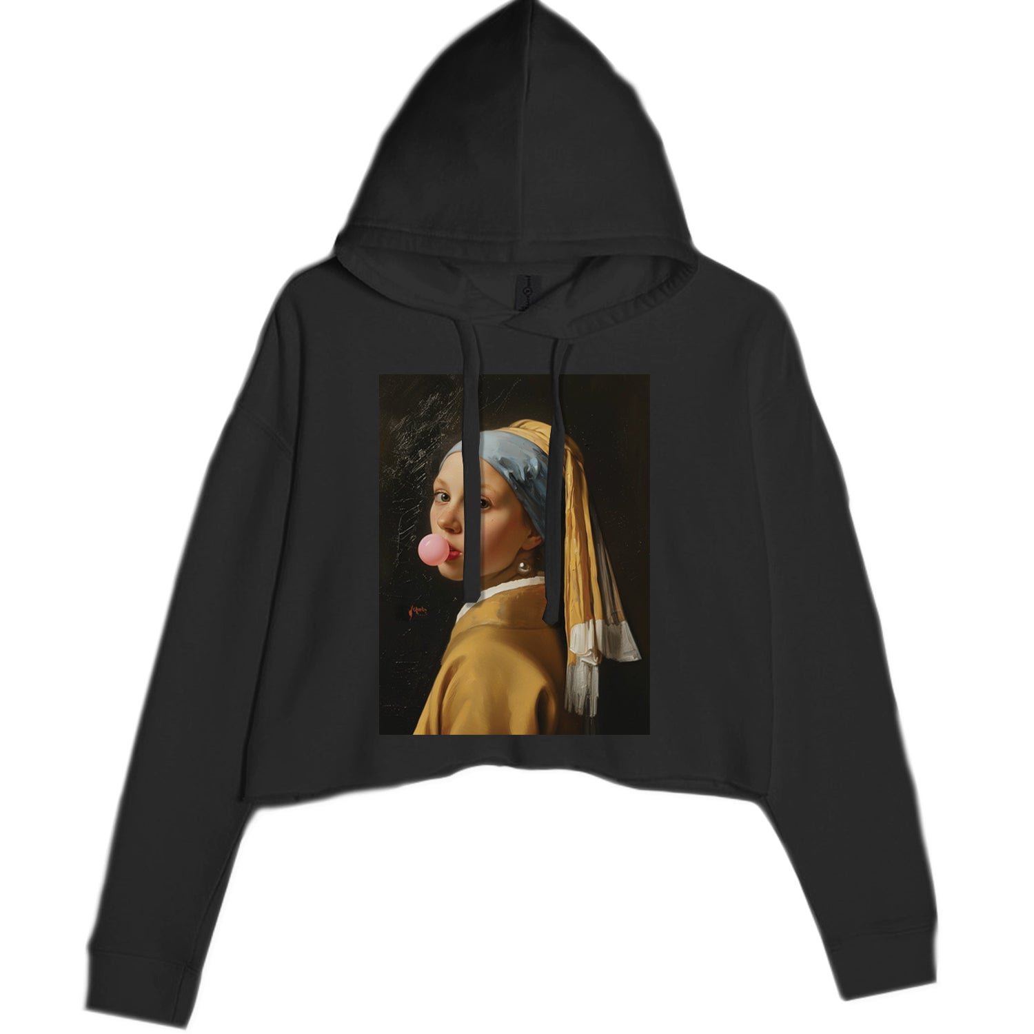 Girl with a Pearl Earring Bubble Gum Contemporary Art Cropped Hoodie Sweatshirt Black