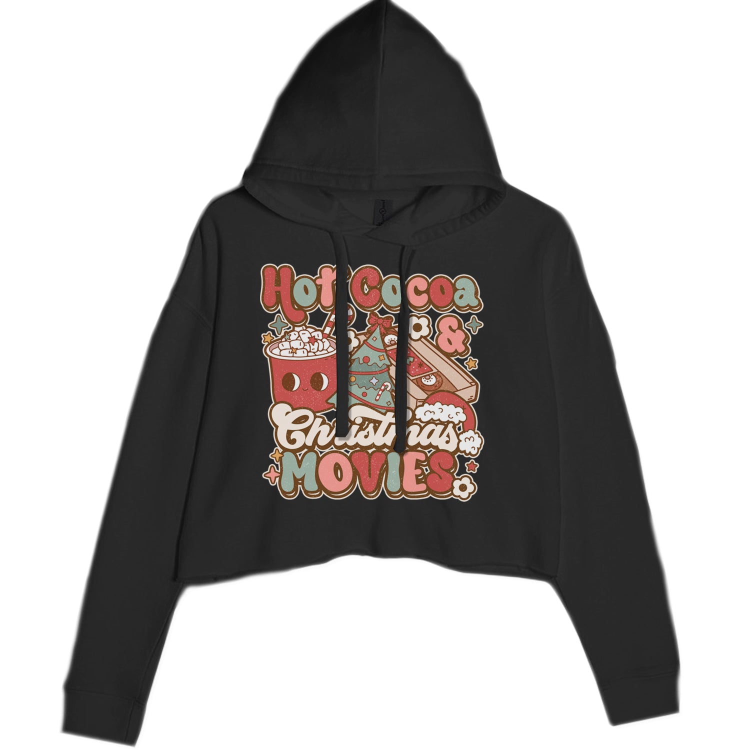 Hot Cocoa And Christmas Movies Holiday Cropped Hoodie Sweatshirt Black