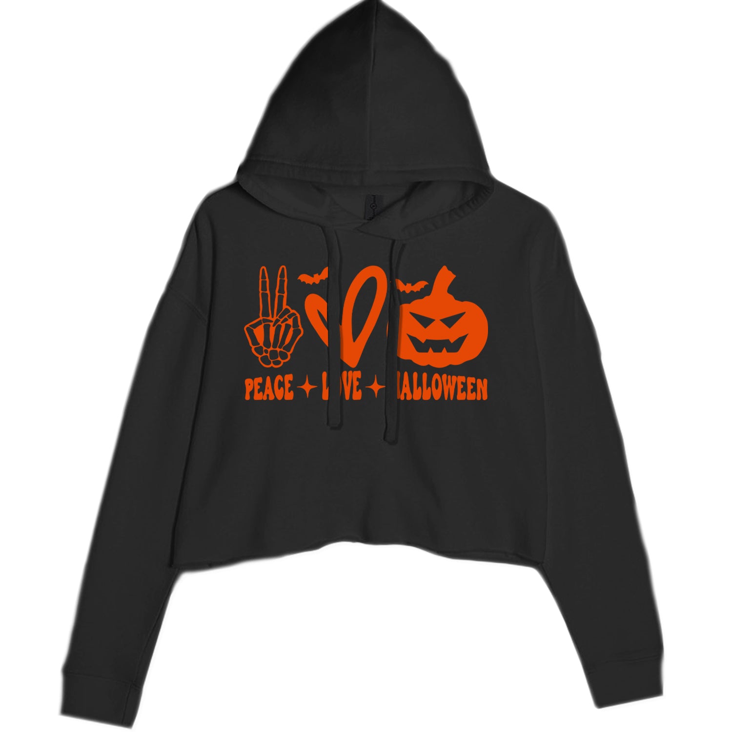 Peace, Love and Halloween Cropped Hoodie Sweatshirt Black