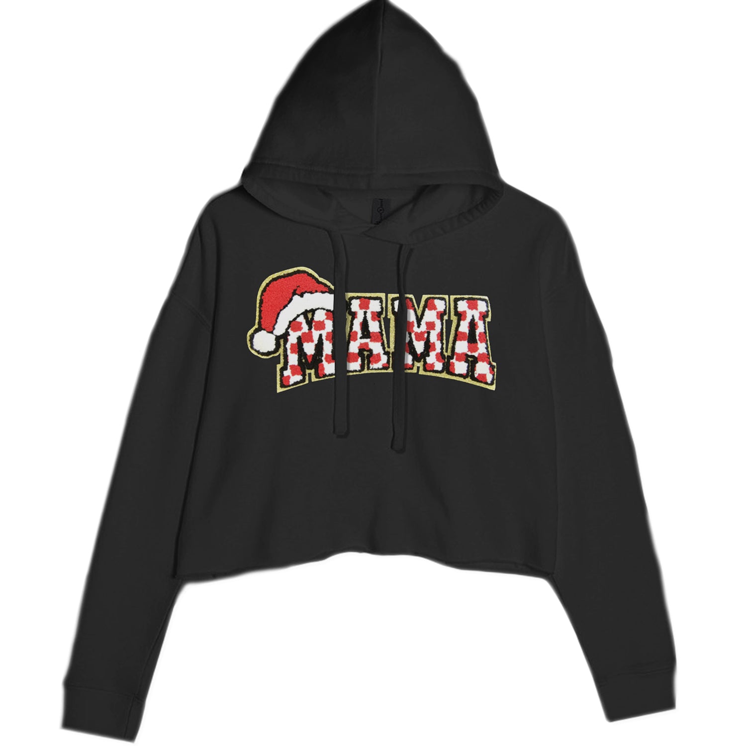 Mama Santa Hat Chenille Patch Cropped Hoodie Sweatshirt Black