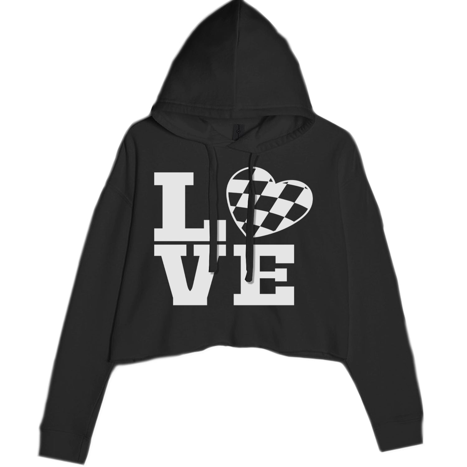 Love Racing Checkered Flag Heart Cropped Hoodie Sweatshirt Black