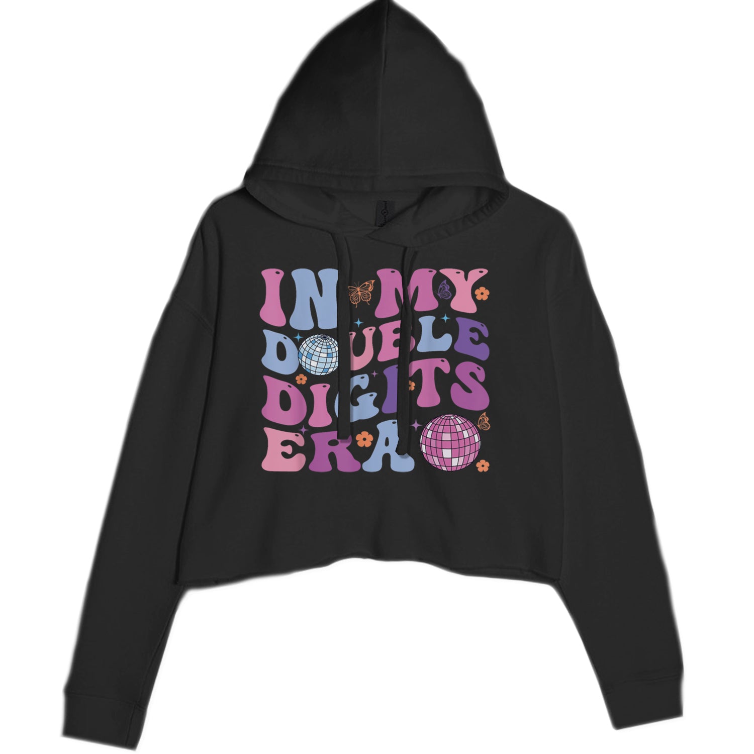 In My Double Digits Era Retro 10 Year Old 10th Birthday Cropped Hoodie Sweatshirt Black