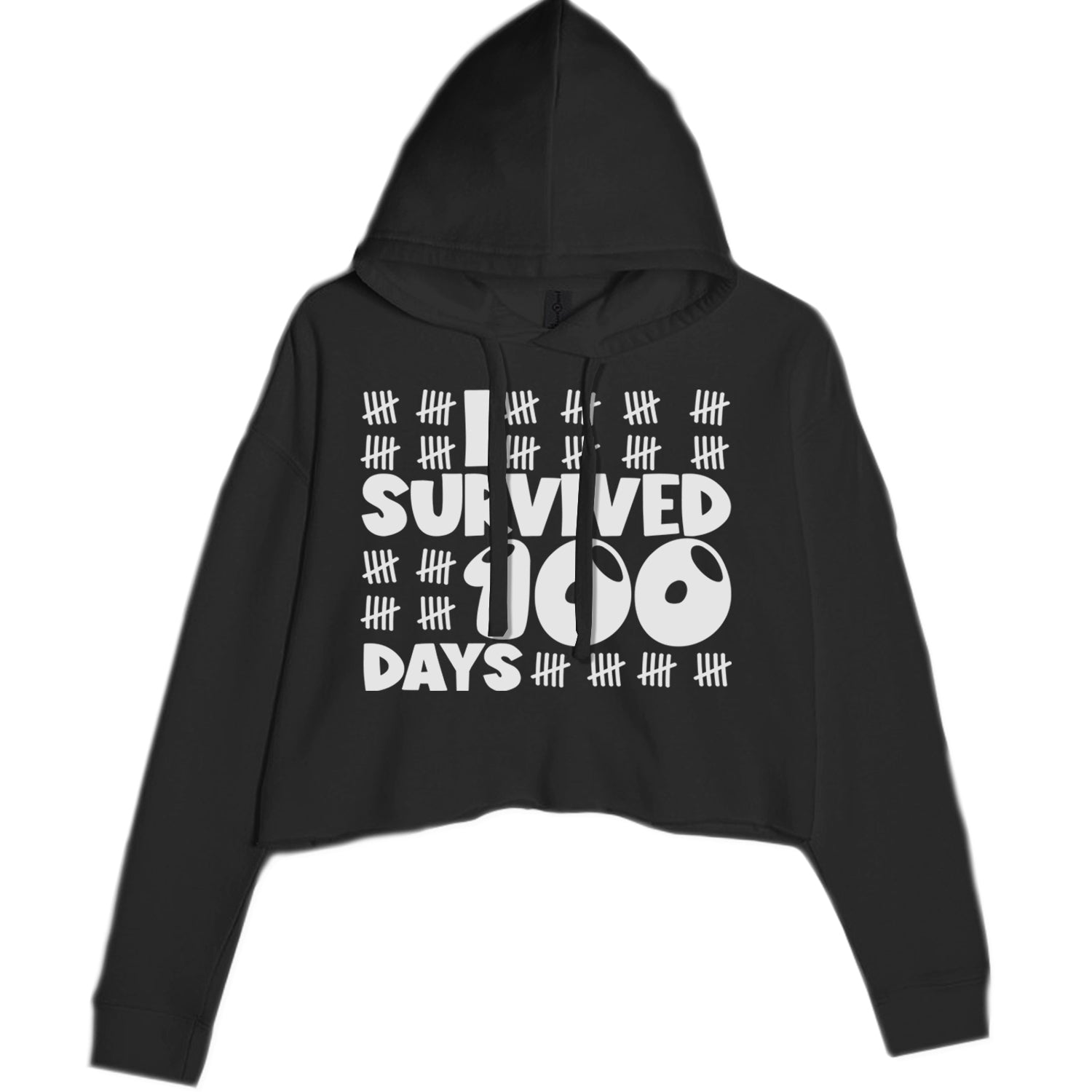 I Survived 100 Days Tally Marks Cropped Hoodie Sweatshirt Black