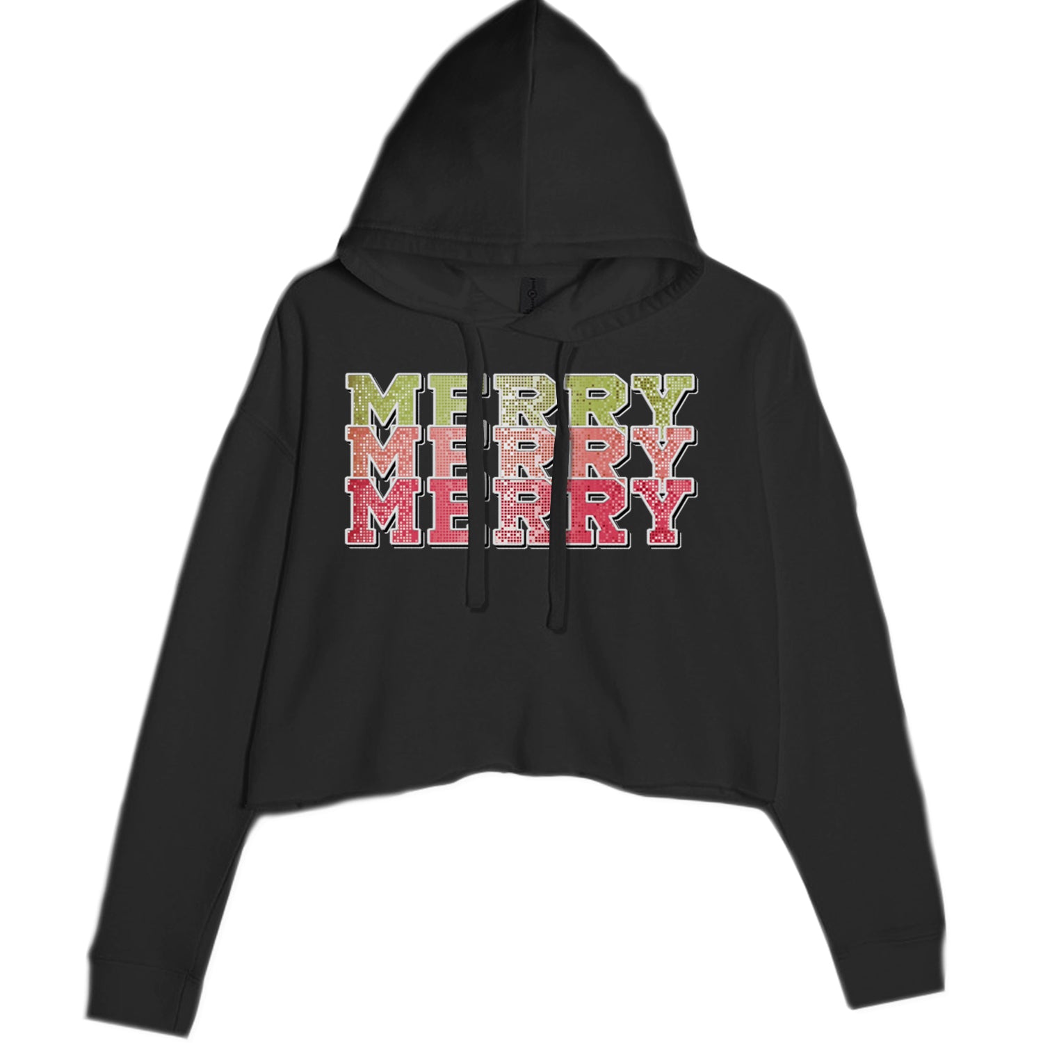 Merry Merry Merry Faux Sequins Cropped Hoodie Sweatshirt Charcoal Grey