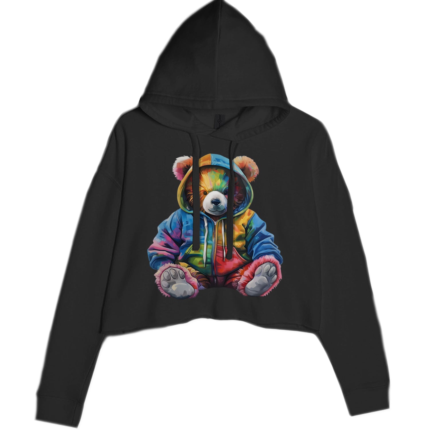 Rainbow Streetwear Urban Graffiti Bear Cropped Hoodie Sweatshirt Black