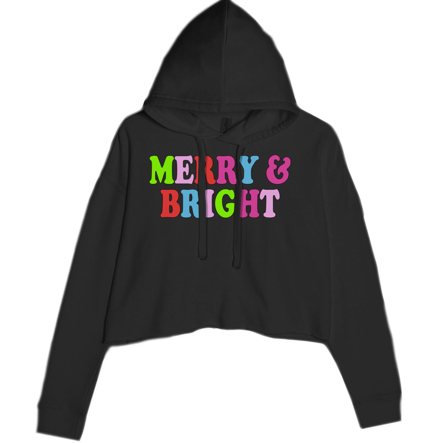 Merry and Bright Festive Christmas Holiday Cropped Hoodie Sweatshirt Black