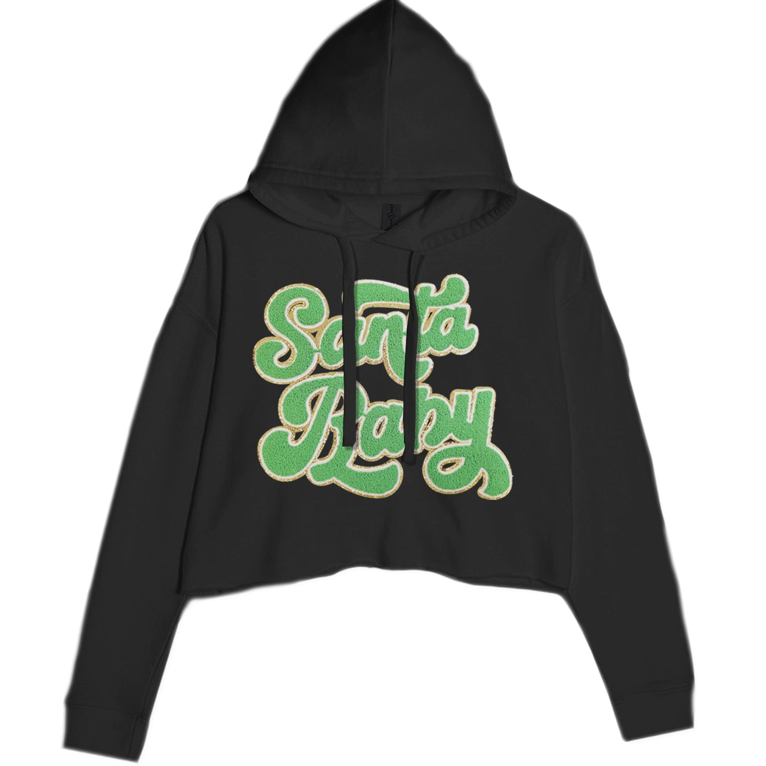 Green Santa Baby Chenille Patch Cropped Hoodie Sweatshirt Black