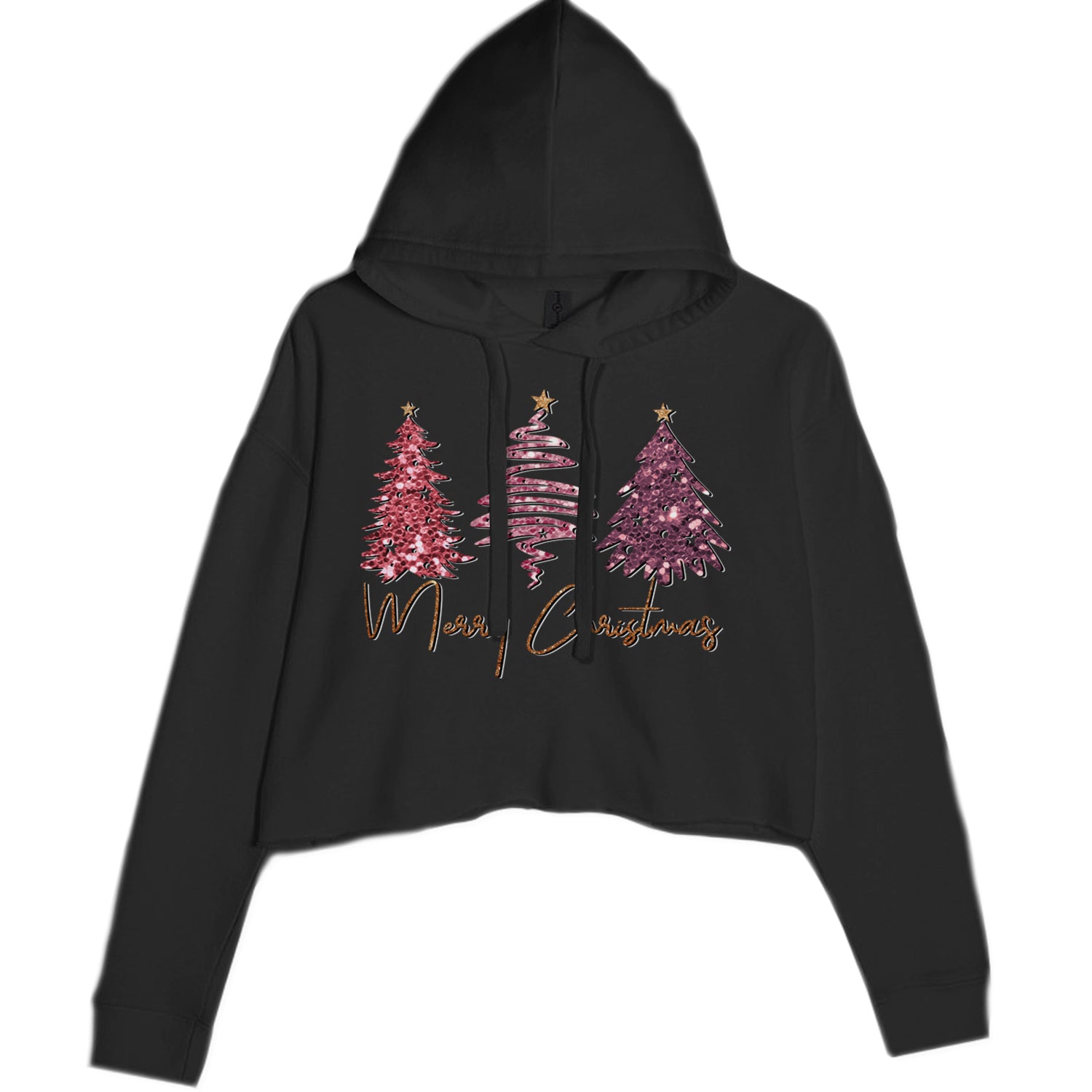 Merry Christmas Faux Glitter Trees Cropped Hoodie Sweatshirt Lavender