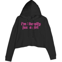 Women's cropped fleece hoodie with bright pink bubble-letter statement on a soft pink background, cropped raw-edge hem