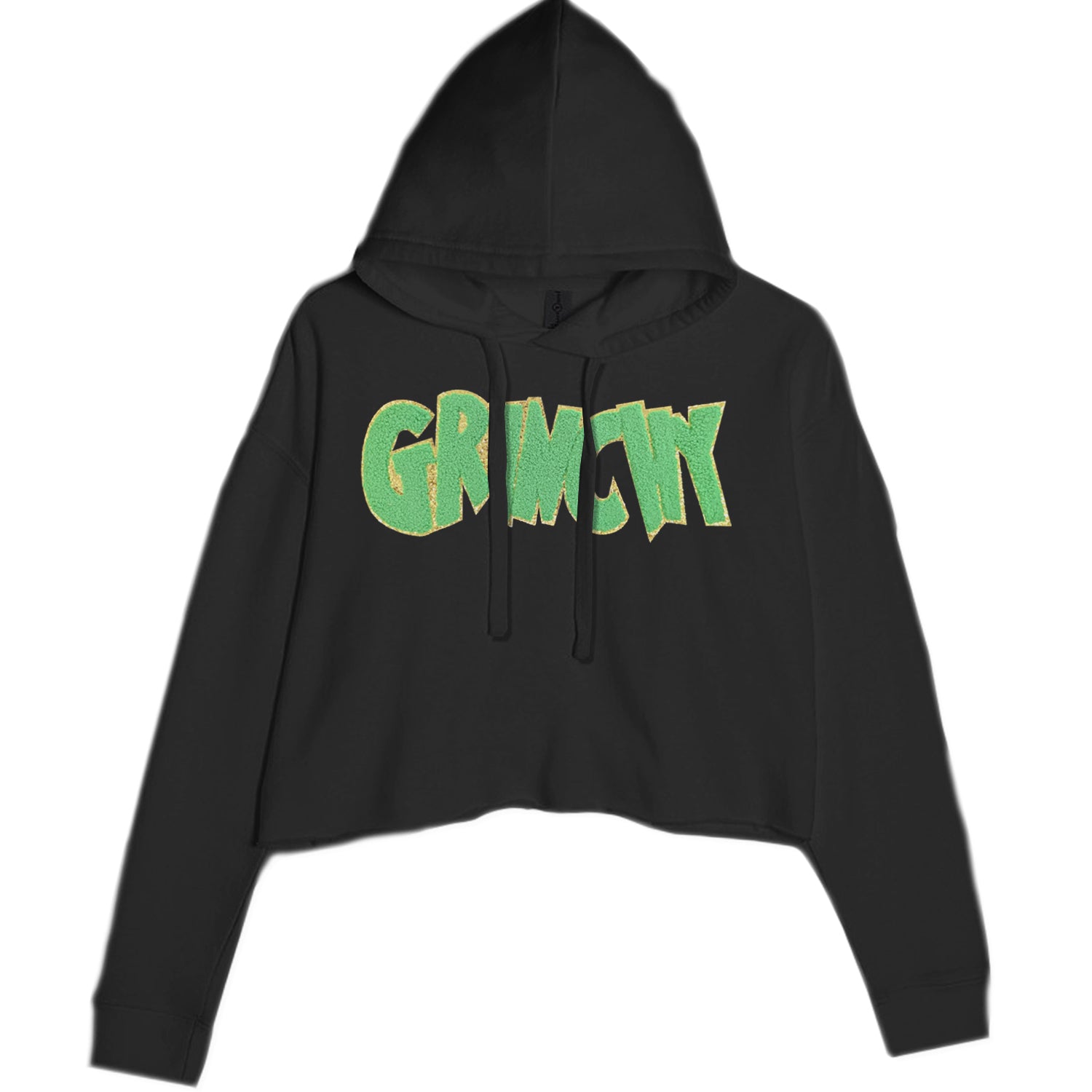 Green Gr-nchy Chenille Patch Cropped Hoodie Sweatshirt Black