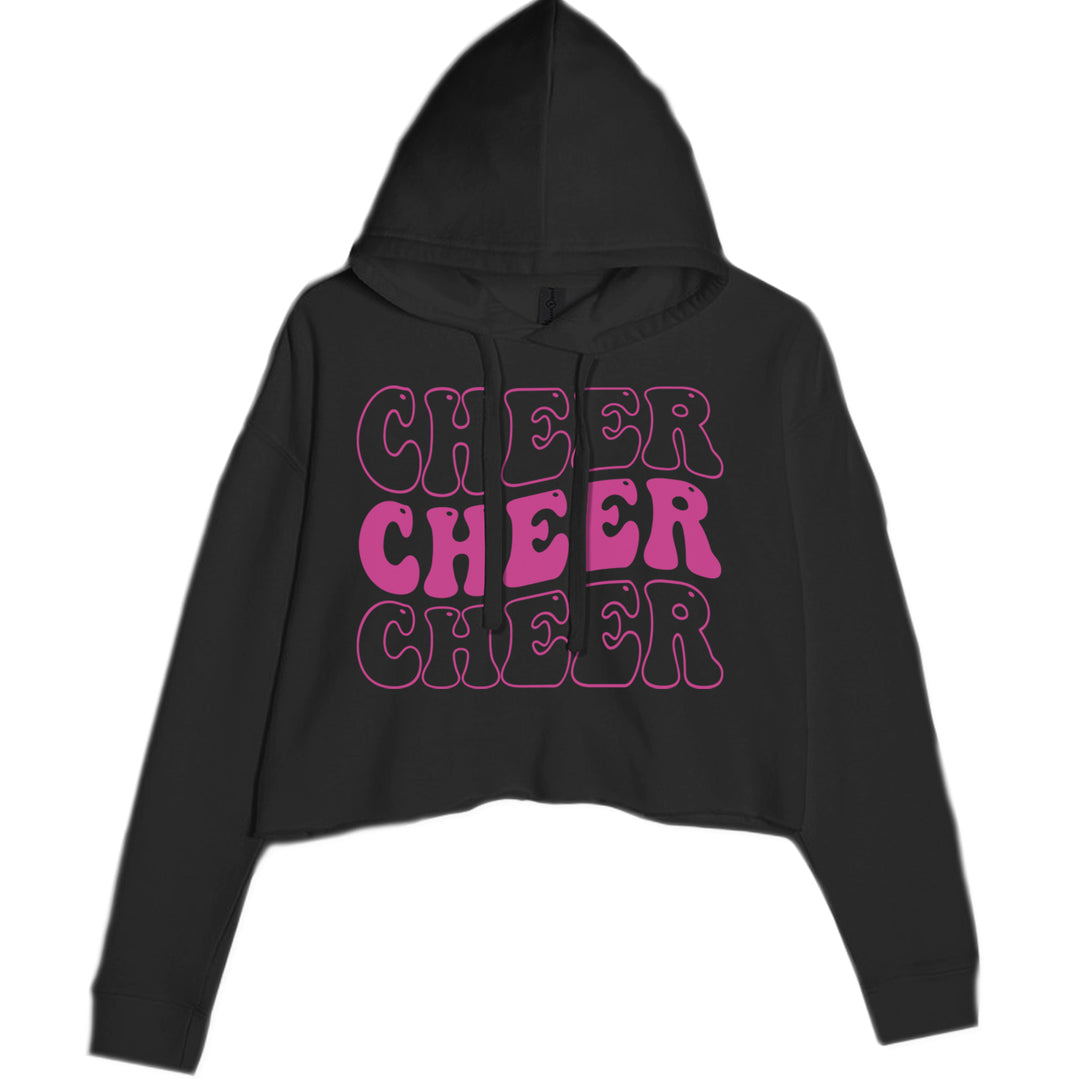 Cheer chant-style colorful text graphic on a women's cropped fleece hoodie with a two-panel hood and raw-edge hem