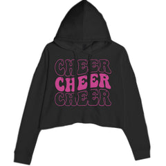 Cheer chant-style colorful text graphic on a women's cropped fleece hoodie with a two-panel hood and raw-edge hem
