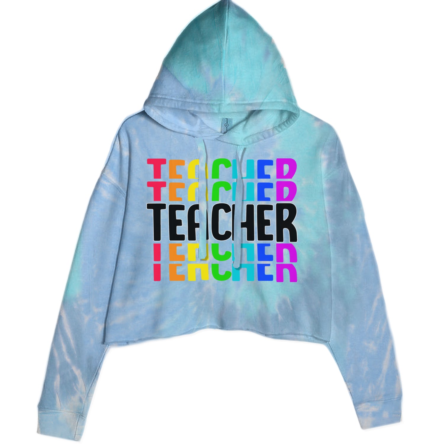 Teacher Repeated Rainbow Pattern Cropped Hoodie Sweatshirt Blue Clouds