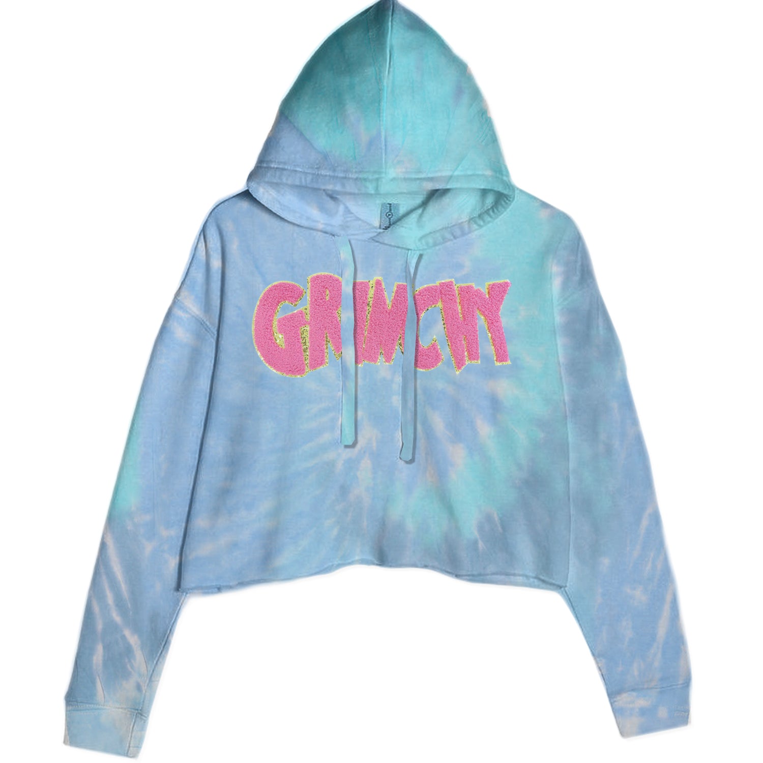 Pink Gr-nchy Chenille Patch Cropped Hoodie Sweatshirt Blue Clouds