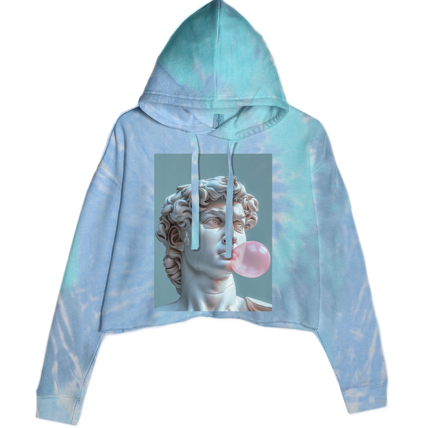 Michelangelo's David with Bubble Gum Contemporary Statue Art Cropped Hoodie Sweatshirt Blue Clouds