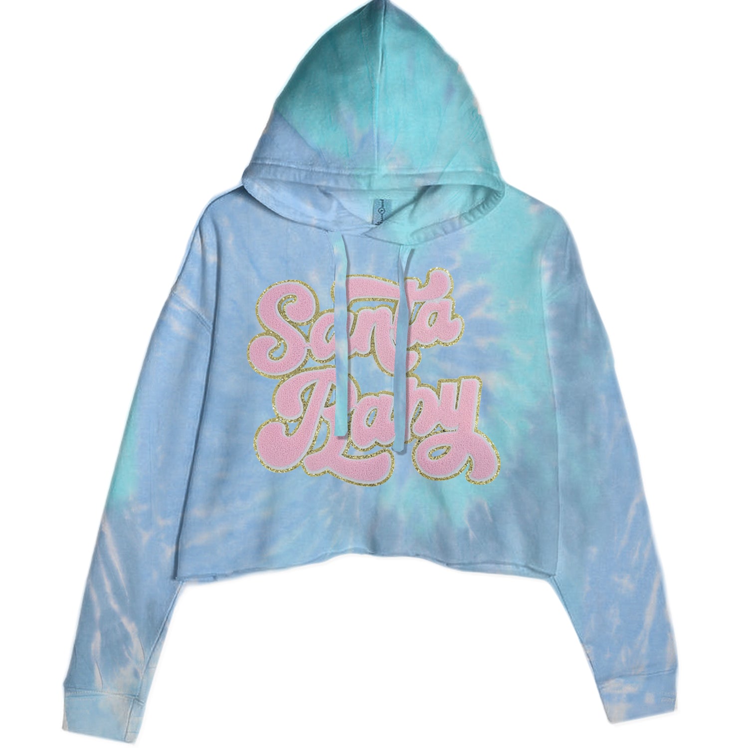 Pink Santa Baby Chenille Patch Cropped Hoodie Sweatshirt Blue Clouds