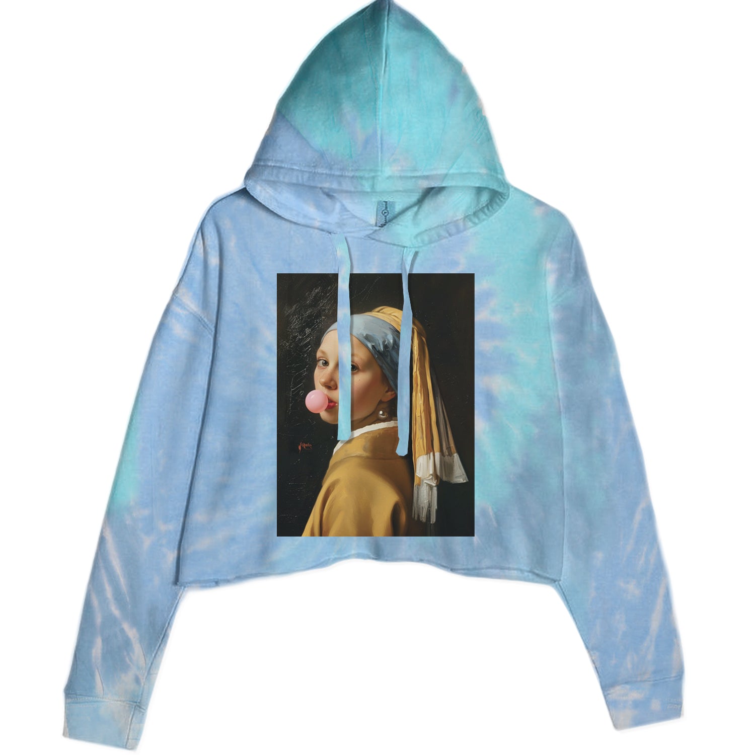 Girl with a Pearl Earring Bubble Gum Contemporary Art Cropped Hoodie Sweatshirt Blue Clouds