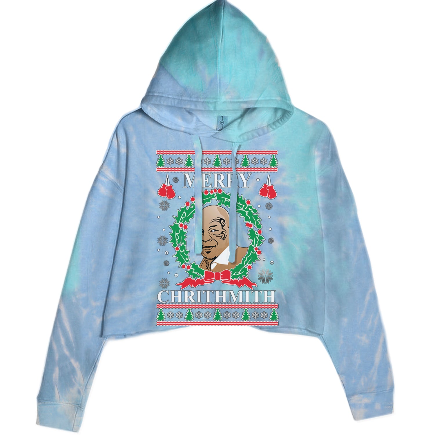 Merry Chrithmith Ugly Christmas Cropped Hoodie Sweatshirt Blue Clouds