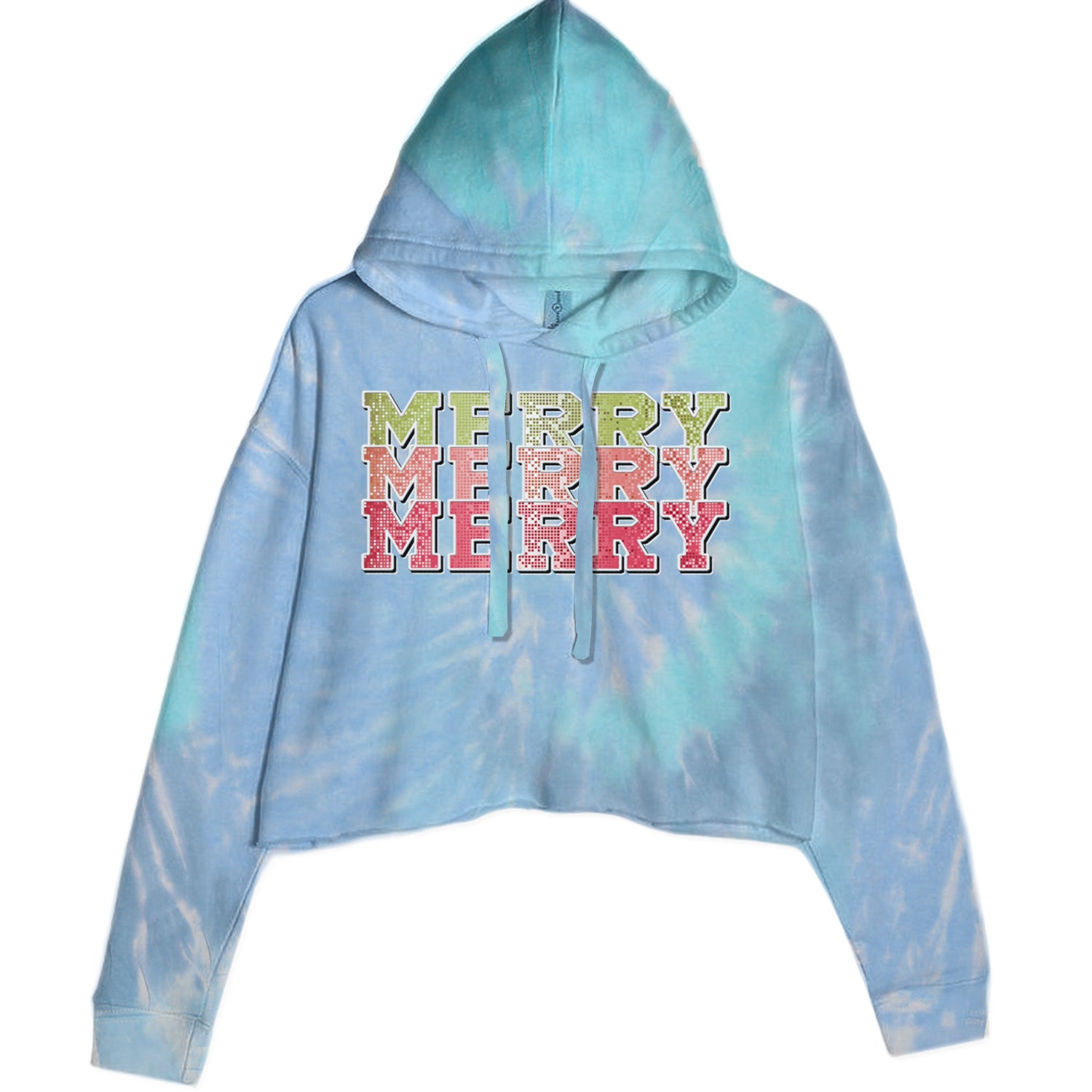 Merry Merry Merry Faux Sequins Cropped Hoodie Sweatshirt Blue Clouds