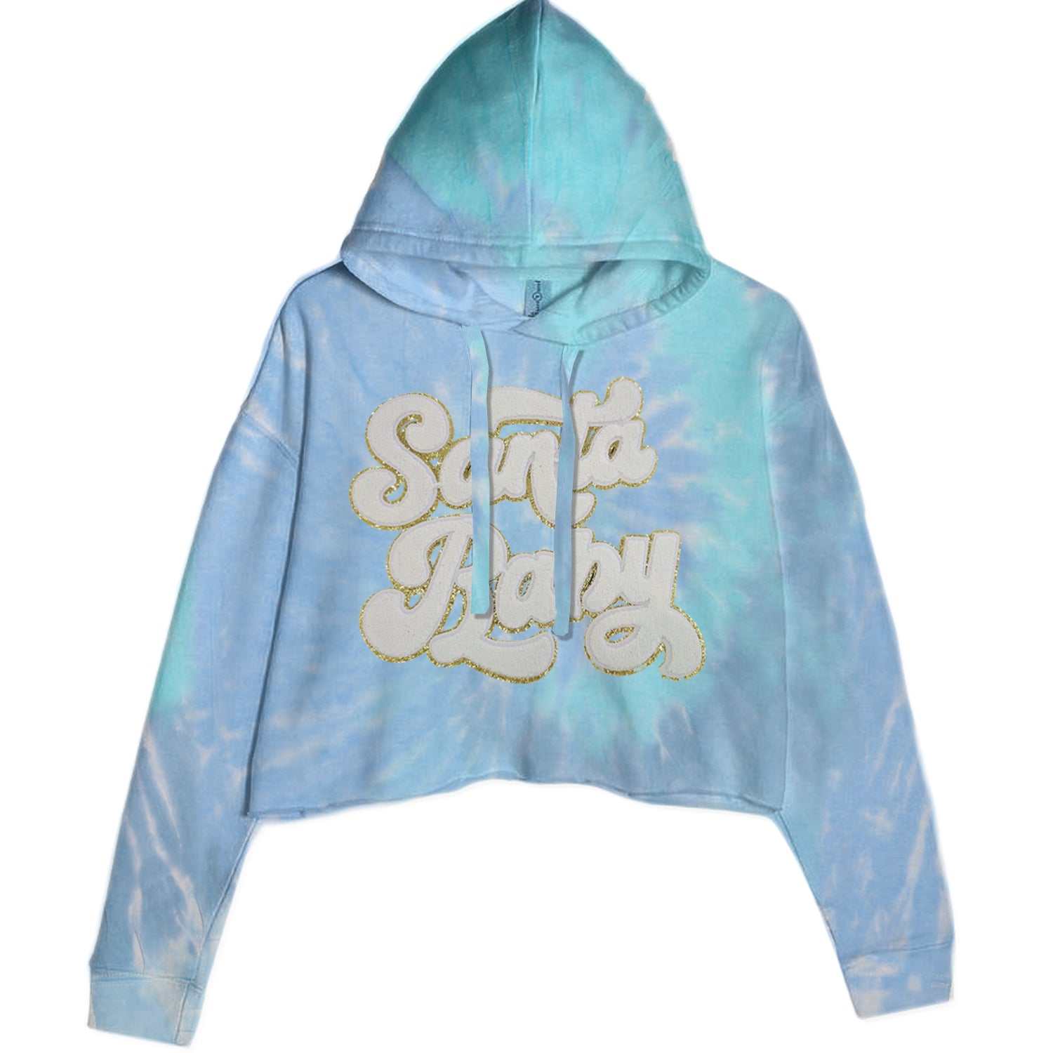 White Santa Baby Chenille Patch Cropped Hoodie Sweatshirt Blue Clouds