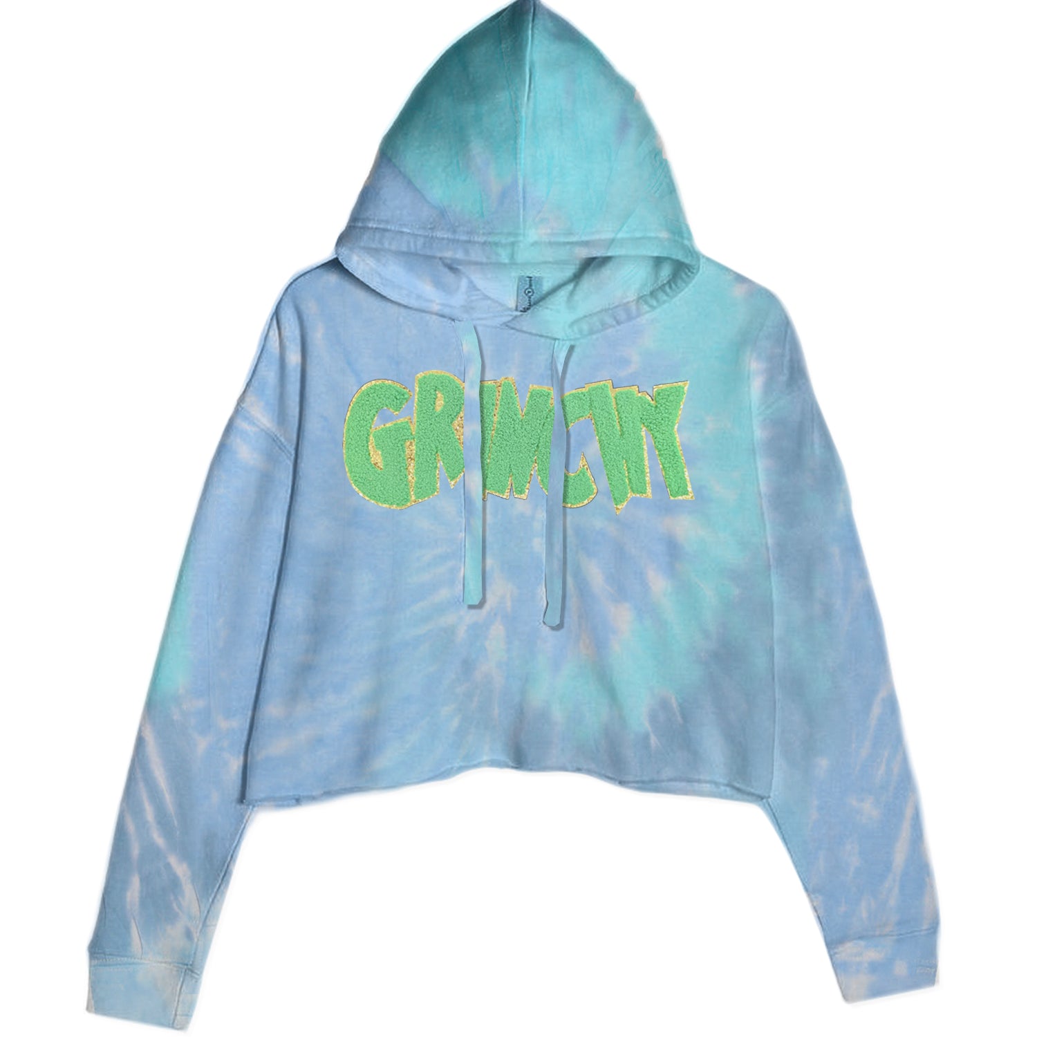 Green Gr-nchy Chenille Patch Cropped Hoodie Sweatshirt Blue Clouds