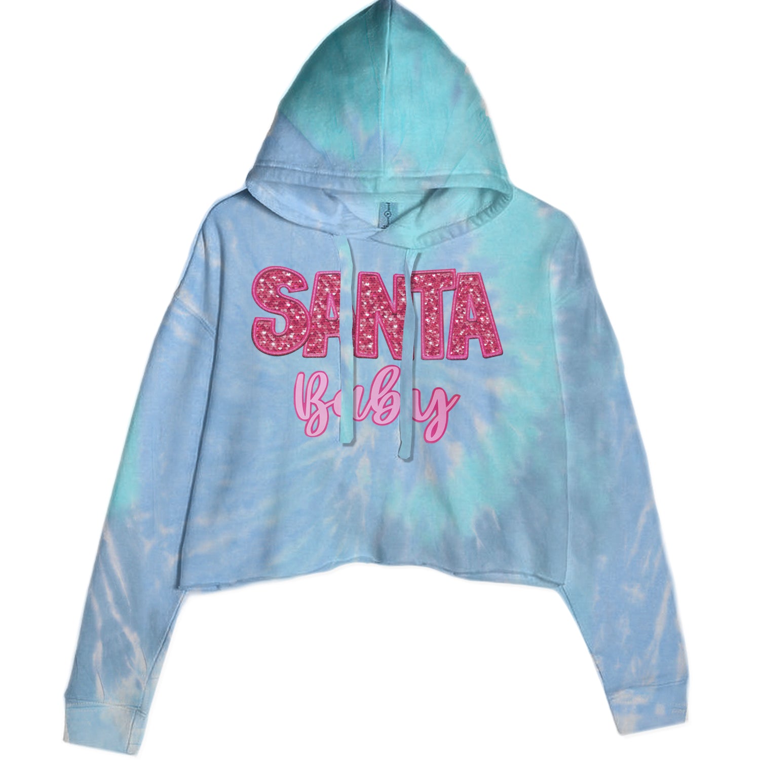 Santa Baby Faux Patch and Sequins Cropped Hoodie Sweatshirt Blue Clouds