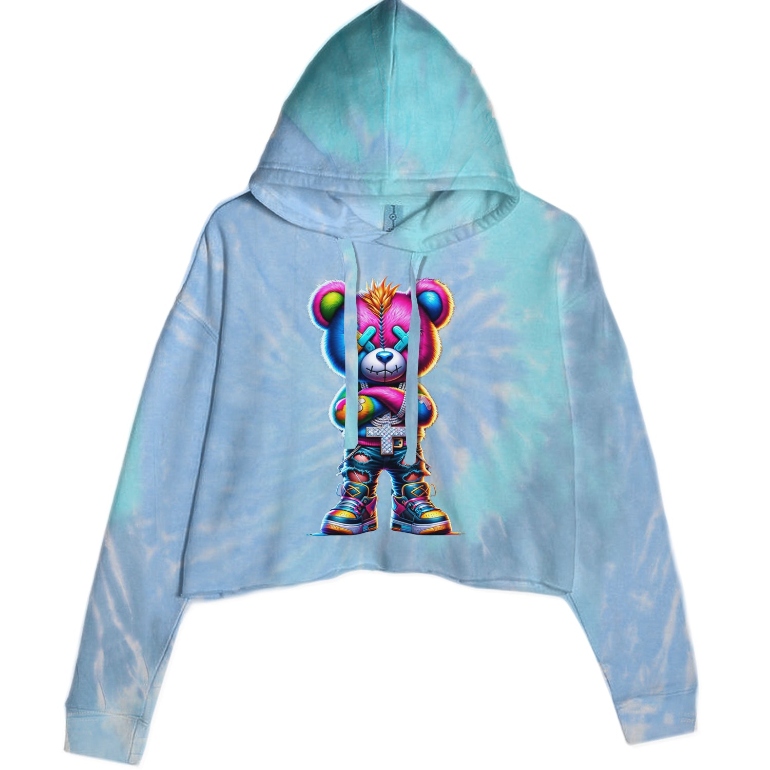 Stitched Neon Urban Graffiti Bear Cropped Hoodie Sweatshirt Blue Clouds